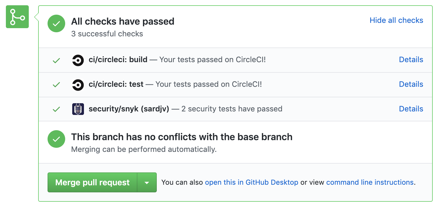 Example of pull request check on Github showing build, test and security review outcomed as green ticks