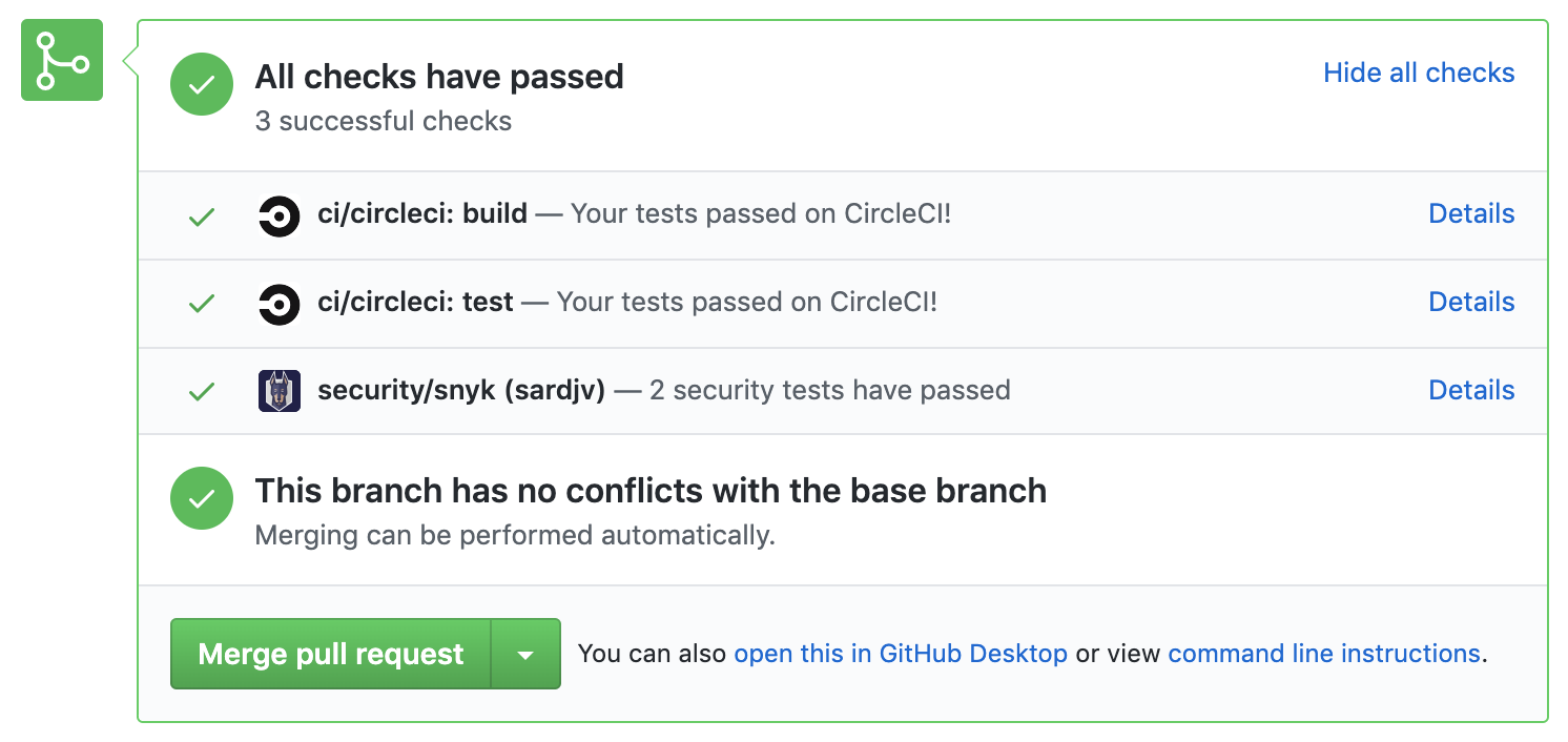 Example of pull request check on Github showing build,
test and security review outcomed as green ticks